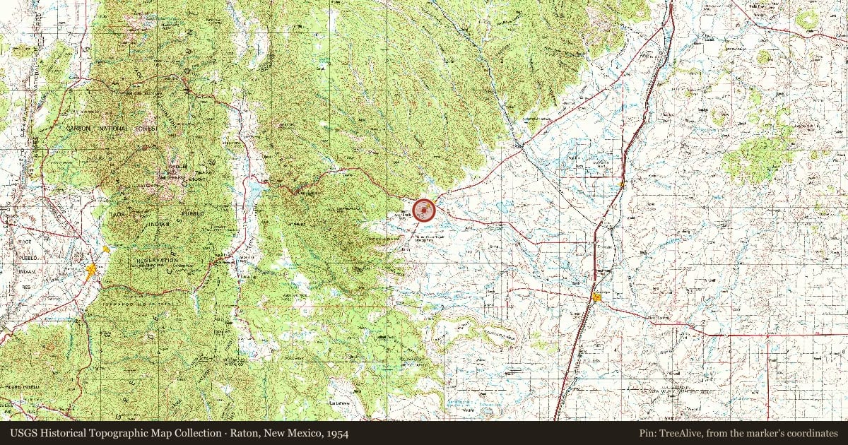 Raton, New Mexico, 1954, covering the location of Philmont Scout Ranch, with a pin at the marker's coordinates