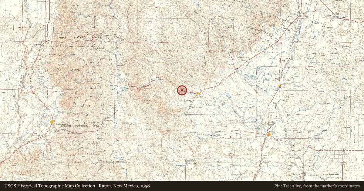Raton, New Mexico, 1958, covering the location of Cimarron Canyon, with a pin at the marker's coordinates