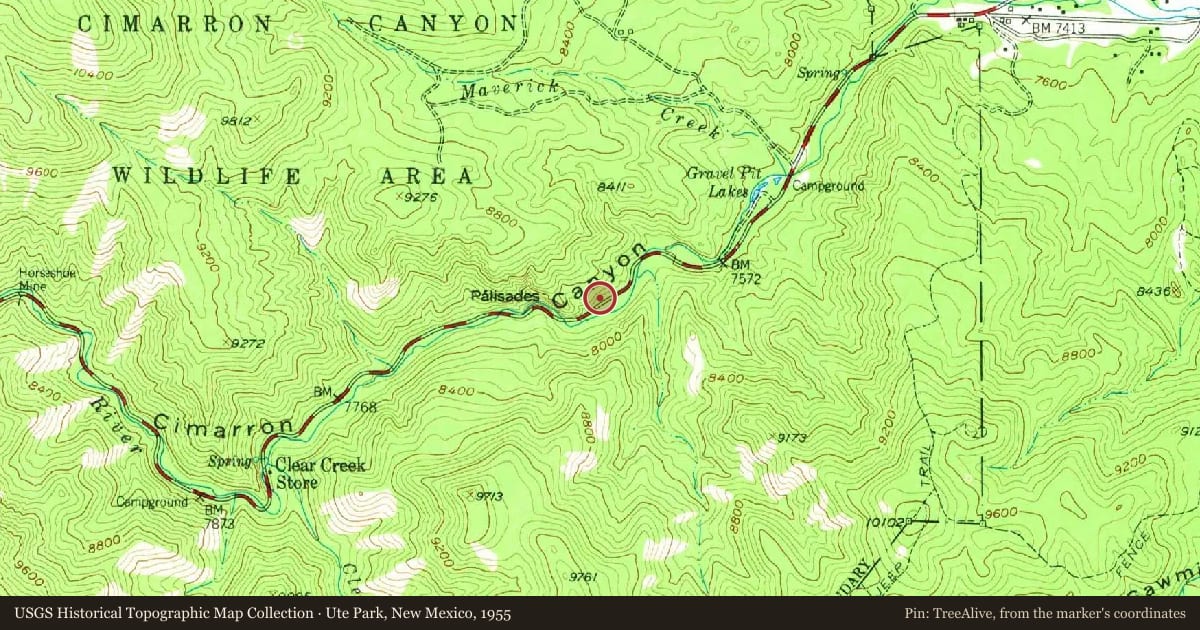 Ute Park, New Mexico, 1955, covering the location of Palisades Sill, with a pin at the marker's coordinates