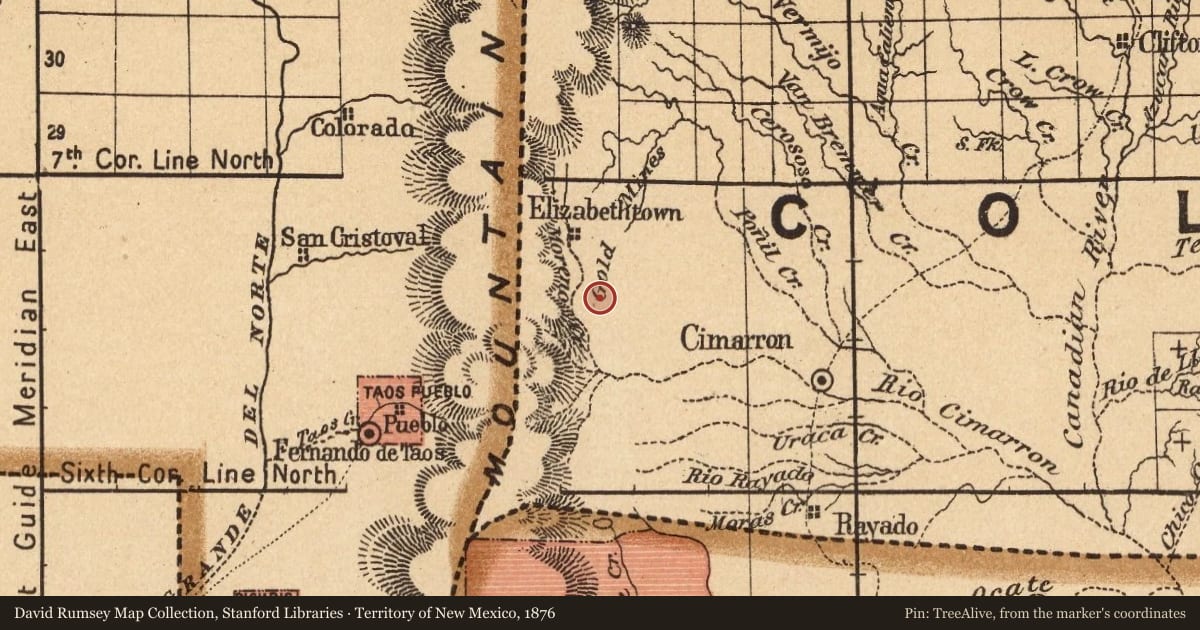 Territory of New Mexico, 1876, covering the location of Elizabethtown, with a pin at the marker's coordinates