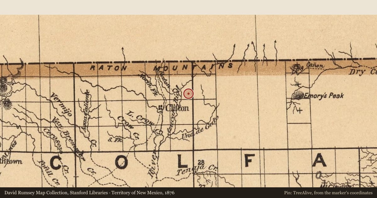 Territory of New Mexico, 1876, covering the location of Raton, with a pin at the marker's coordinates