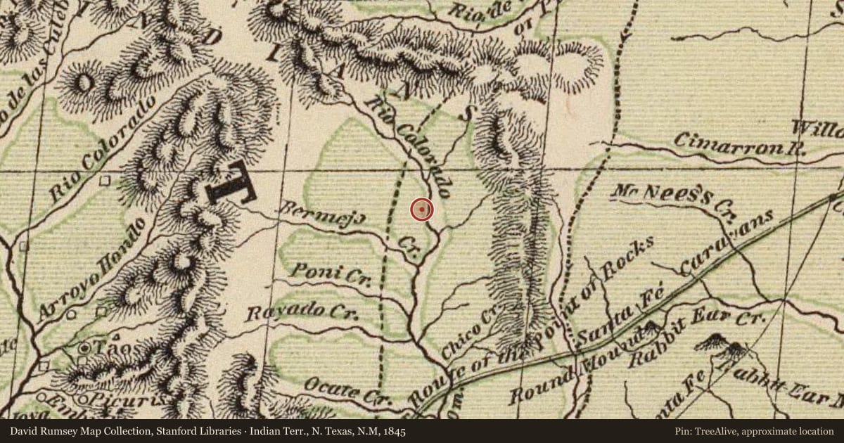 Indian Terr., N. Texas, N.M, 1845, covering the location of Raton Pass, with a pin at the marker's coordinates