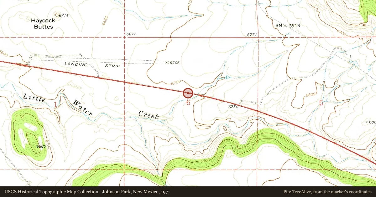 Johnson Park, New Mexico, 1971, covering the location of Rocky Mountains, with a pin at the marker's coordinates