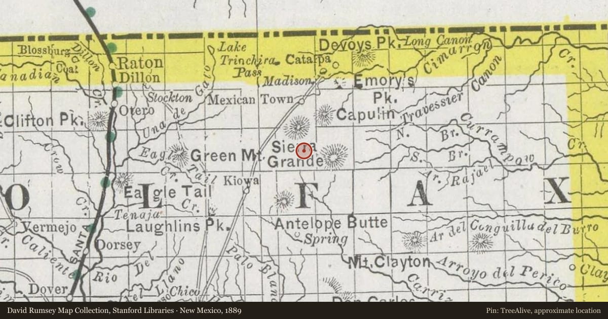 New Mexico, 1889, covering the location of Capulin Mountain National Monument (1), with a pin at the marker's coordinates