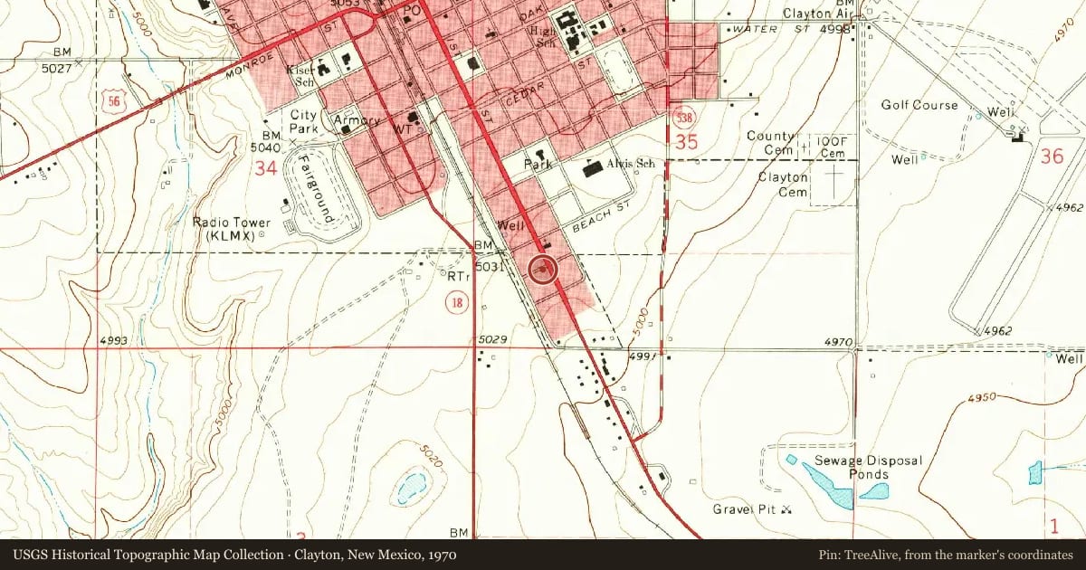 Clayton, New Mexico, 1970, covering the location of Clayton Dinosaur Trackway, with a pin at the marker's coordinates