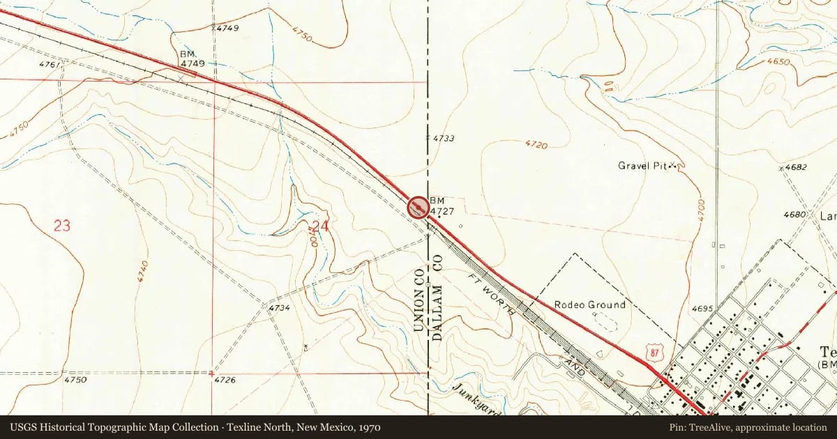 Texline North, New Mexico, 1970, covering the location of Rabbit Ear Mountains (1), with a pin at the marker's coordinates