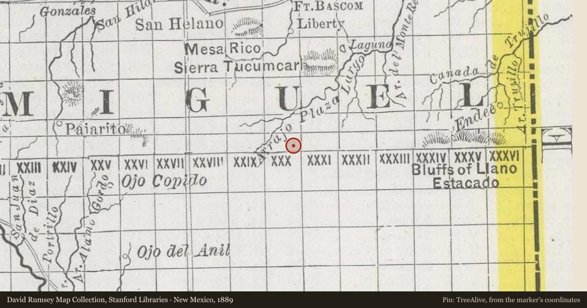 New Mexico, 1889, covering the location of Black Jack Ketchum (2), with a pin at the marker's coordinates