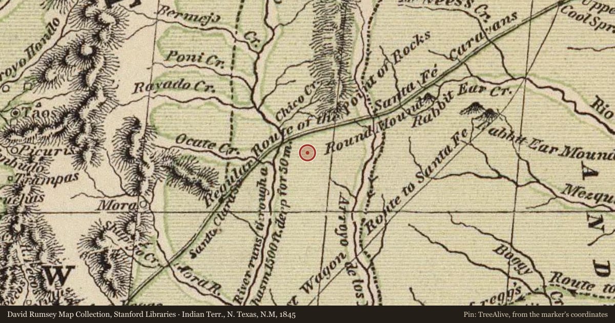 Indian Terr., N. Texas, N.M, 1845, covering the location of Point of Rocks, with a pin at the marker's coordinates