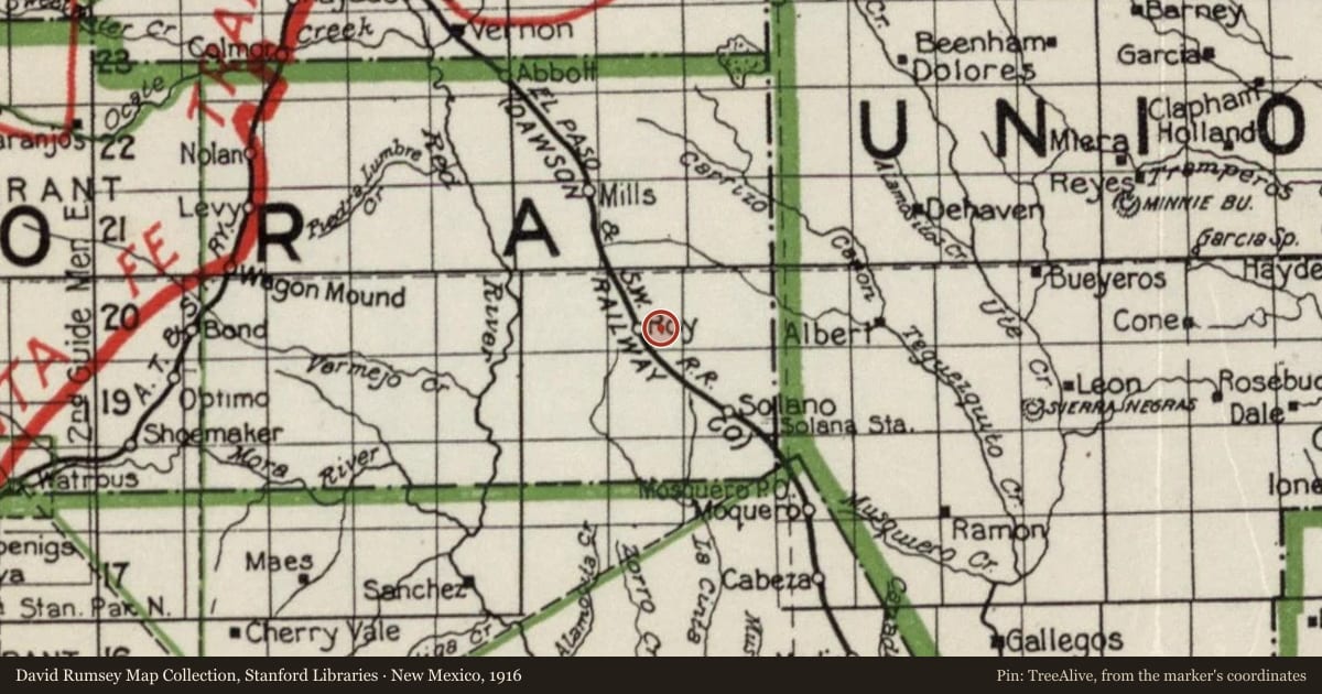 New Mexico, 1916, covering the location of Mills Canyon, with a pin at the marker's coordinates