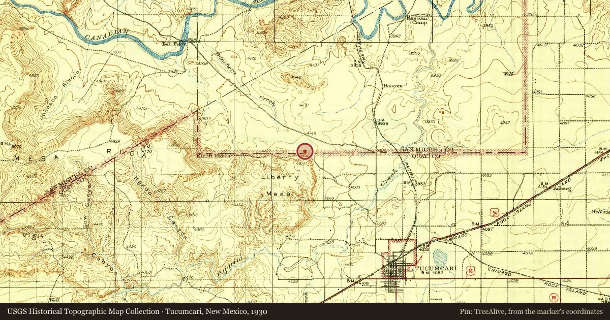 Tucumcari, New Mexico, 1930, covering the location of Fort Bascom, 1863–1870, with a pin at the marker's coordinates