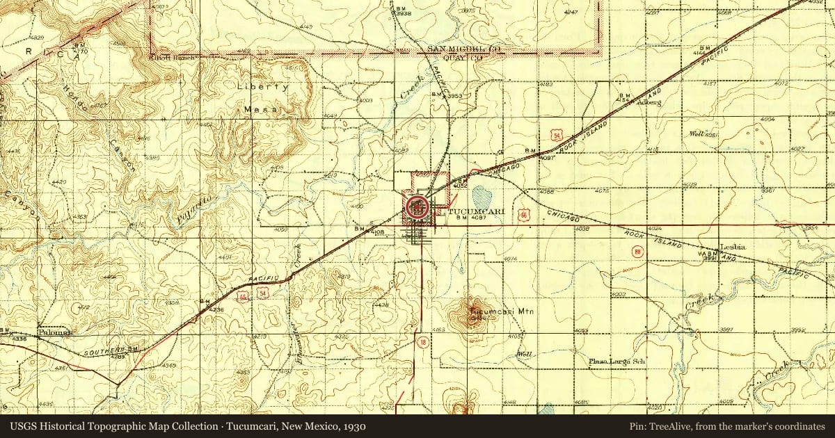 Tucumcari, New Mexico, 1930, covering the location of Tucumcari Mountain, with a pin at the marker's coordinates