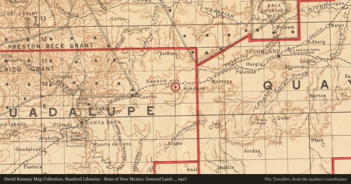 State of New Mexico. General Land Office, 1927, covering the location of Comanche Country, with a pin at the marker's coordinates