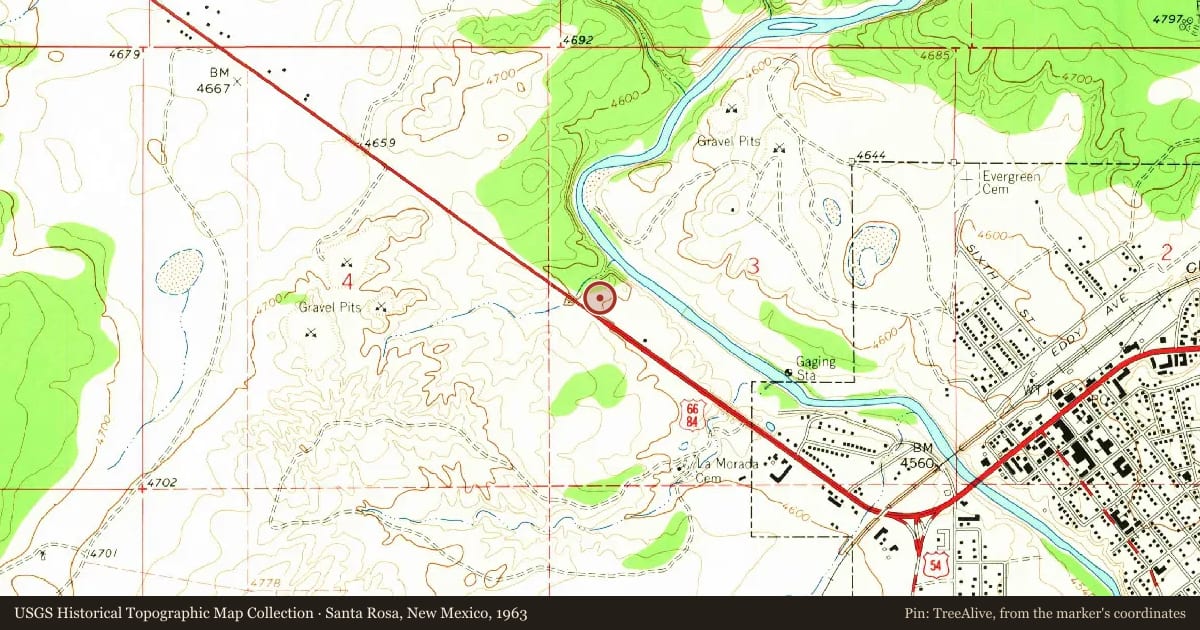 Santa Rosa, New Mexico, 1963, covering the location of Santa Rosa (1), with a pin at the marker's coordinates