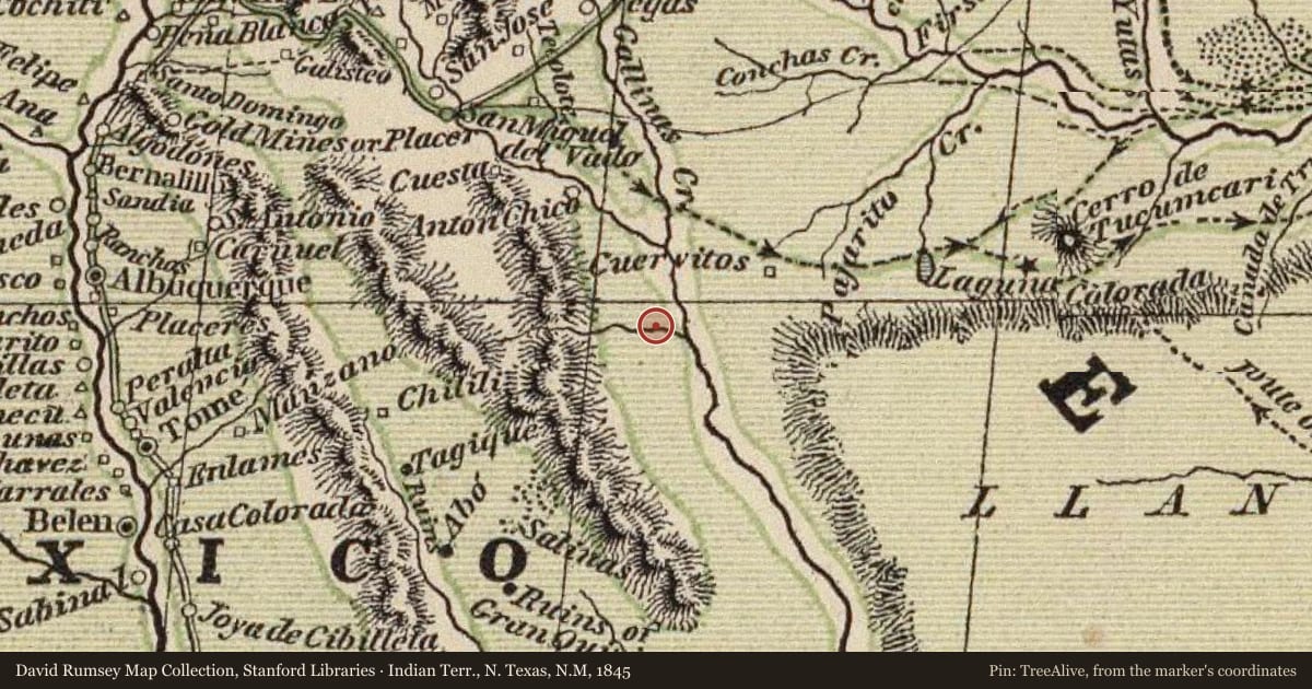 Indian Terr., N. Texas, N.M, 1845, covering the location of Trail of the Forty-Niners, with a pin at the marker's coordinates