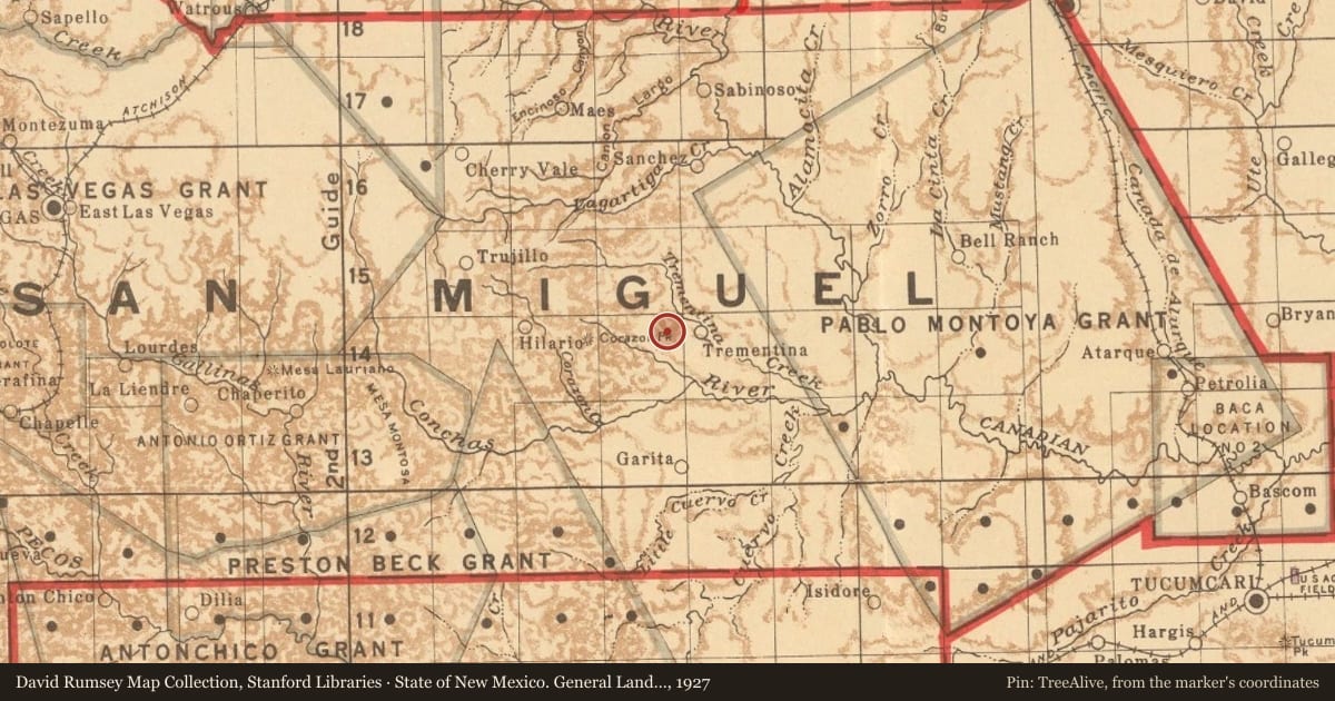 State of New Mexico. General Land Office, 1927, covering the location of Canadian Escarpment, with a pin at the marker's coordinates