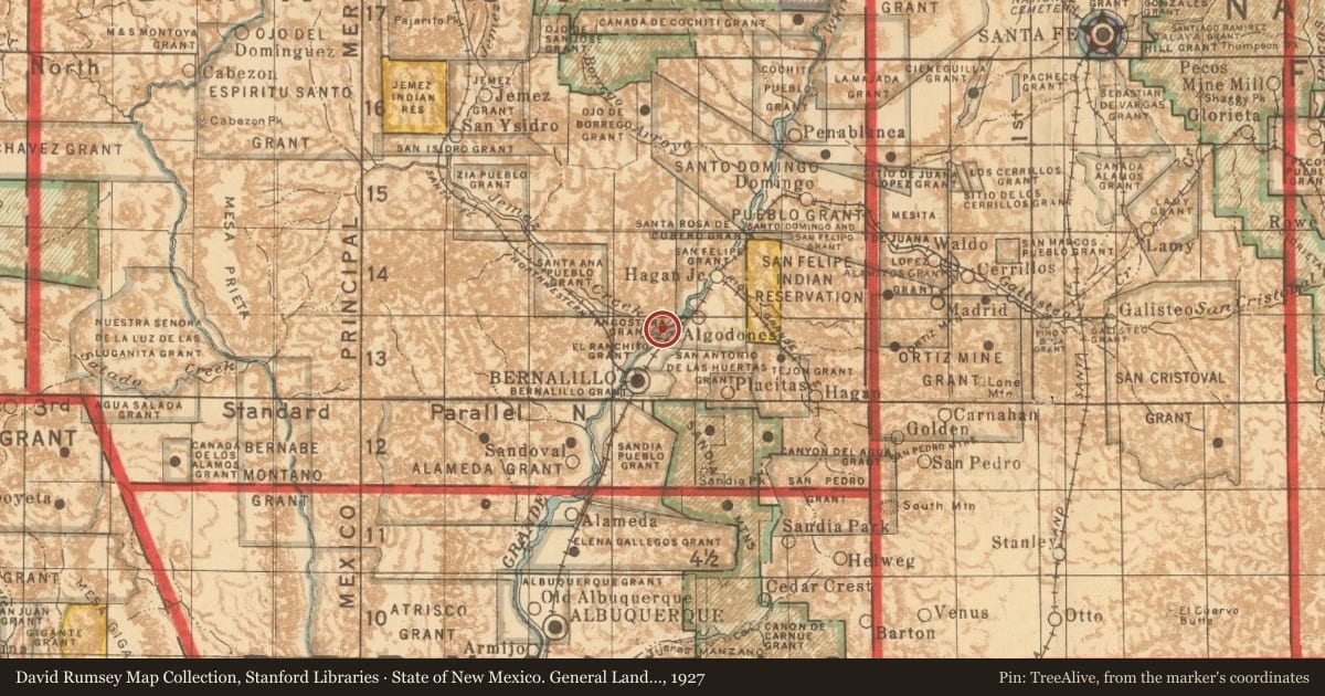 State of New Mexico. General Land Office, 1927, covering the location of La Angostura, with a pin at the marker's coordinates