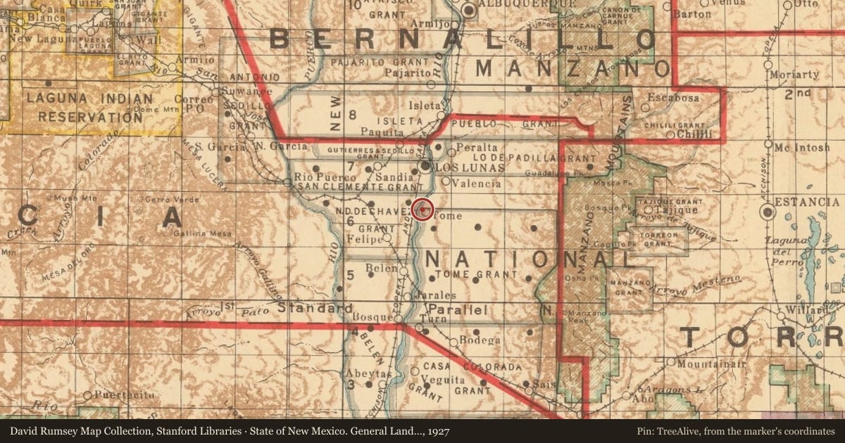 State of New Mexico. General Land Office, 1927, covering the location of Tomé, with a pin at the marker's coordinates