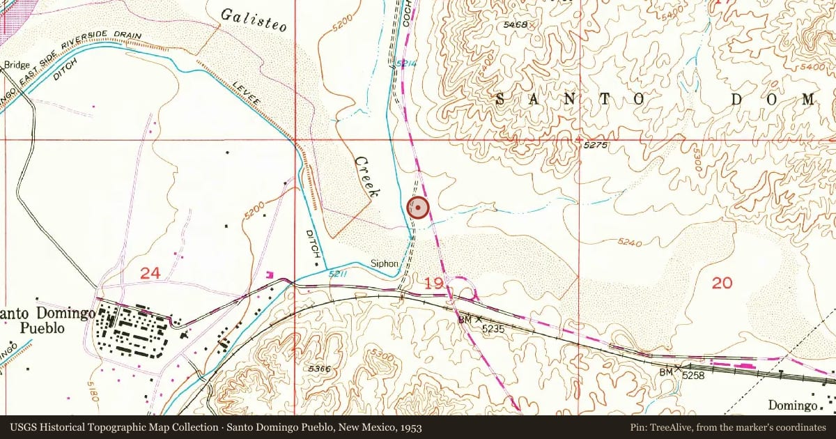 Santo Domingo Pueblo, New Mexico, 1953, covering the location of Pueblo of Santo Domingo, with a pin at the marker's coordinates
