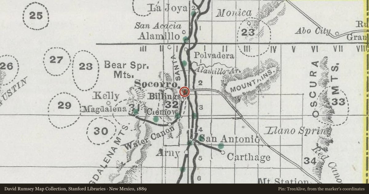 New Mexico, 1889, covering the location of New Mexico Tech, with a pin at the marker's coordinates