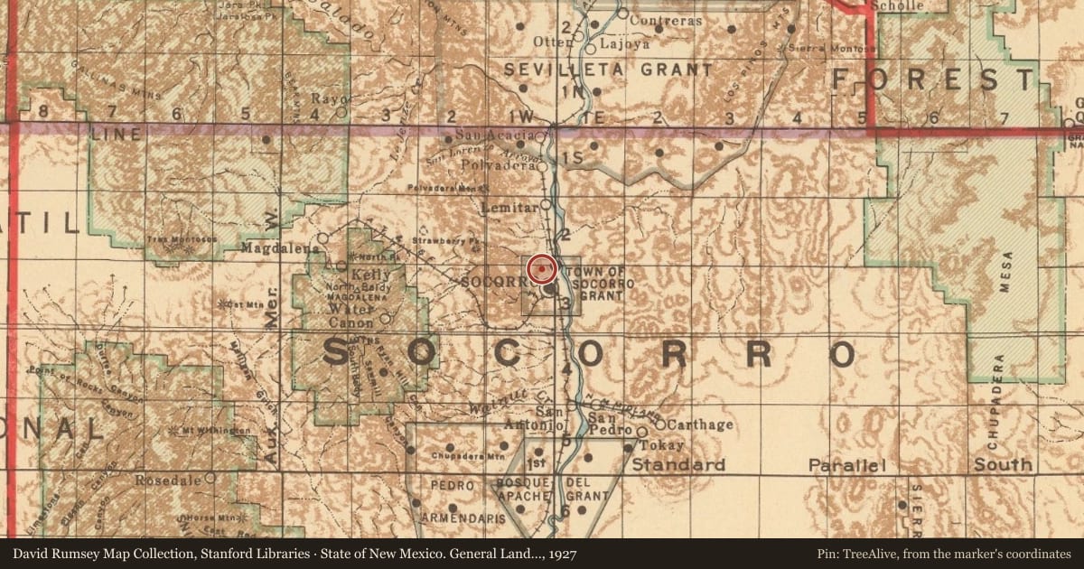 State of New Mexico. General Land Office, 1927, covering the location of New Mexico Bureau of Mines and Mineral Resources Museum, with a pin at the marker's coordinates