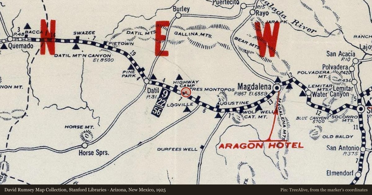 Arizona, New Mexico, 1925, covering the location of Plains of San Agustín, with a pin at the marker's coordinates