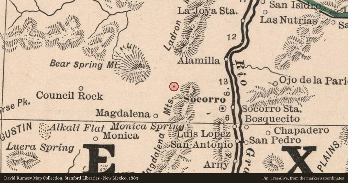 New Mexico, 1883, covering the location of Magdalena (1), with a pin at the marker's coordinates