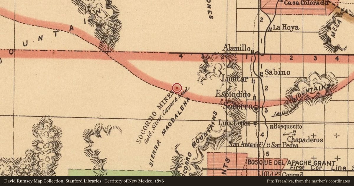 Territory of New Mexico, 1876, covering the location of Kelly, with a pin at the marker's coordinates