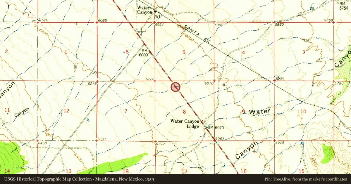 Magdalena, New Mexico, 1959, covering the location of Magdalena Fault, with a pin at the marker's coordinates