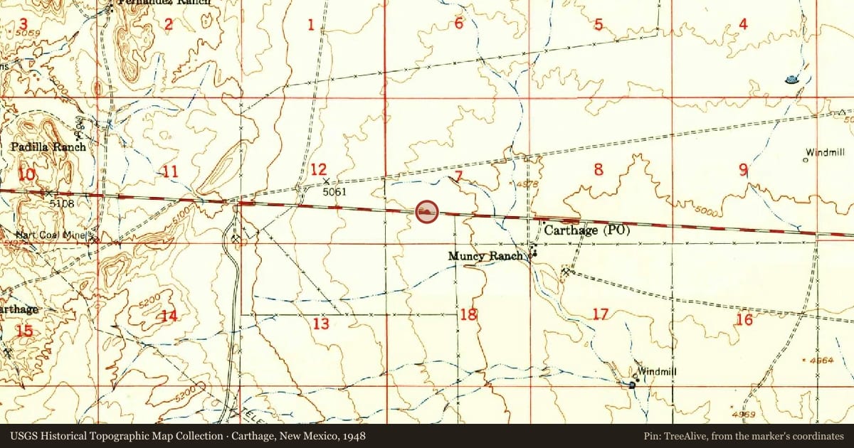 Carthage, New Mexico, 1948, covering the location of Trinity Site, with a pin at the marker's coordinates