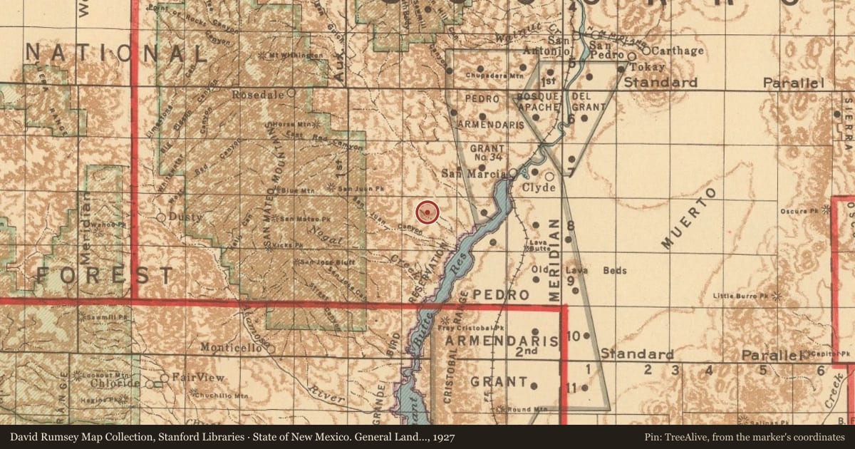 State of New Mexico. General Land Office, 1927, covering the location of Vásquez de Coronado’s Route (1), with a pin at the marker's coordinates