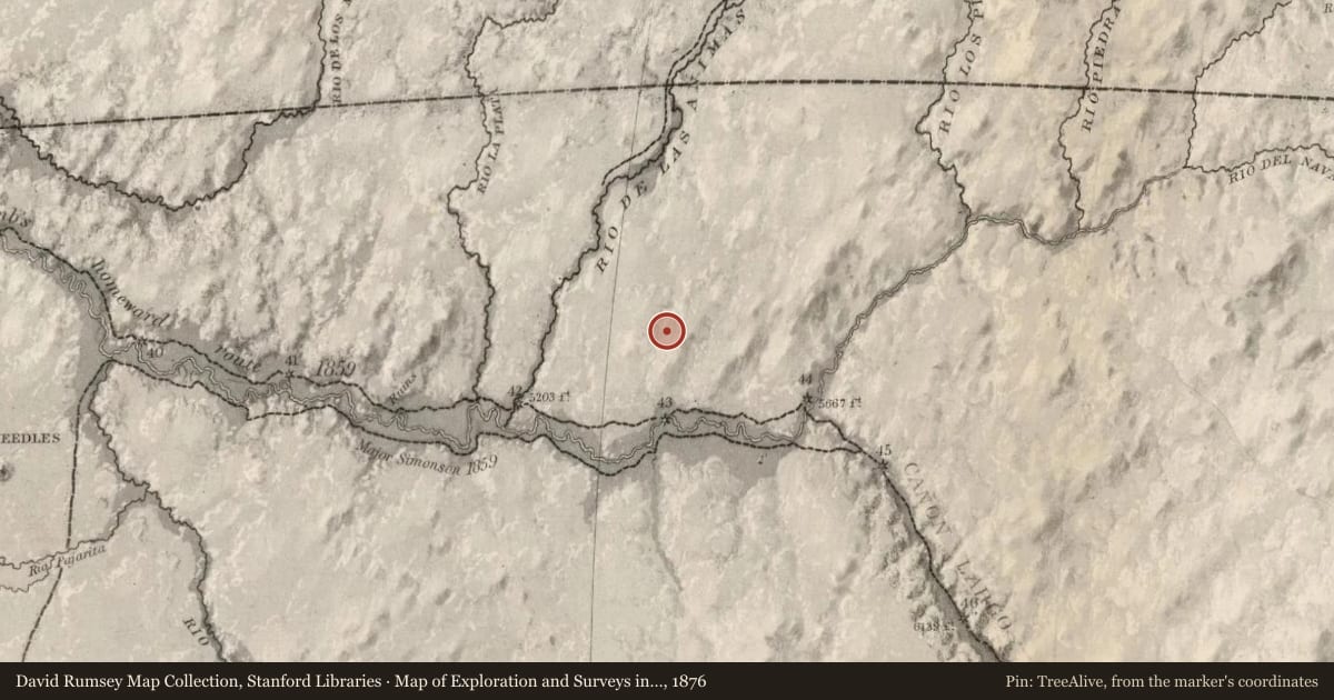 Map of Exploration and Surveys in New Mexico and Utah, 1876, covering the location of Aztec, with a pin at the marker's coordinates
