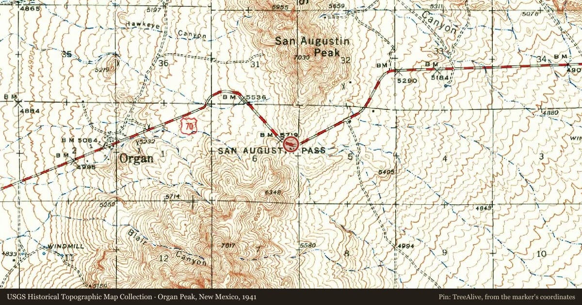 Organ Peak, New Mexico, 1941, covering the location of Organ Mountains, with a pin at the marker's coordinates