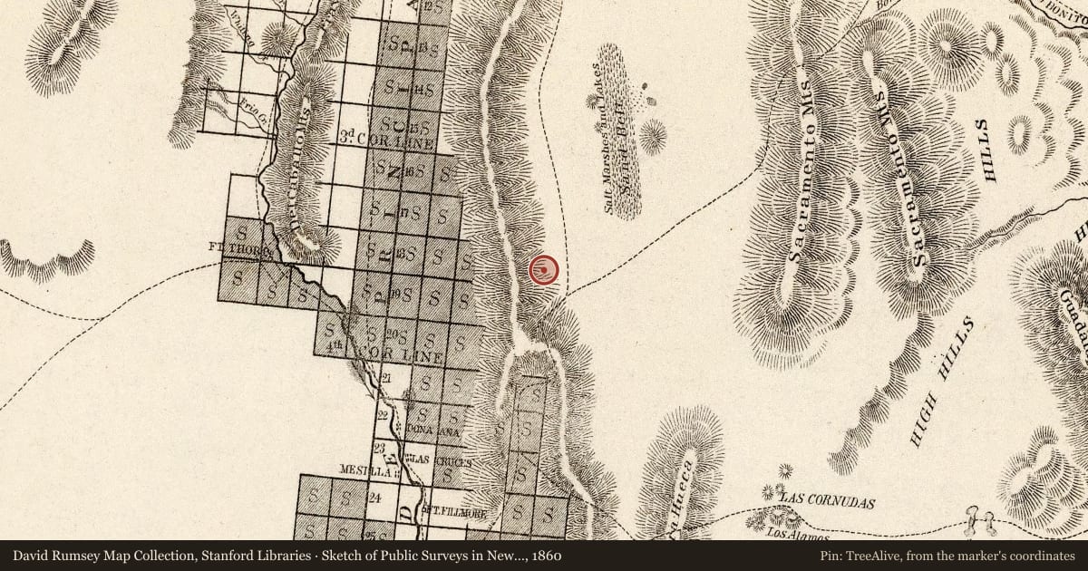 Sketch of Public Surveys in New Mexico 1860, 1860, covering the location of Site of San Augustín Springs, with a pin at the marker's coordinates
