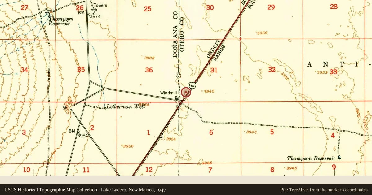 Lake Lucero, New Mexico, 1947, covering the location of San Agustín Pass, with a pin at the marker's coordinates