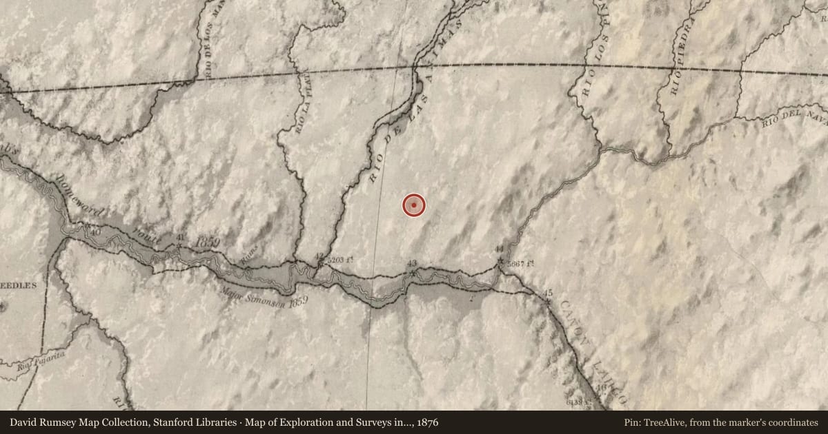 Map of Exploration and Surveys in New Mexico and Utah, 1876, covering the location of Aztec Ruins National Monument, with a pin at the marker's coordinates