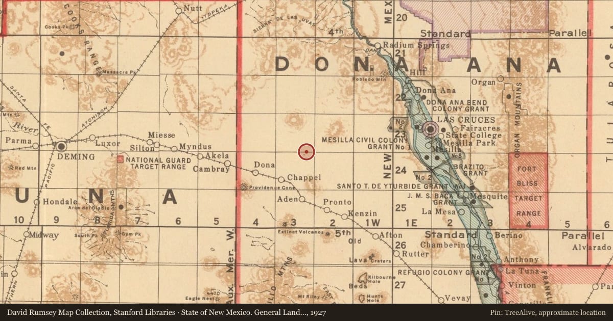 State of New Mexico. General Land Office, 1927, covering the location of Fort Cummings, 1863–1886, with a pin at the marker's coordinates