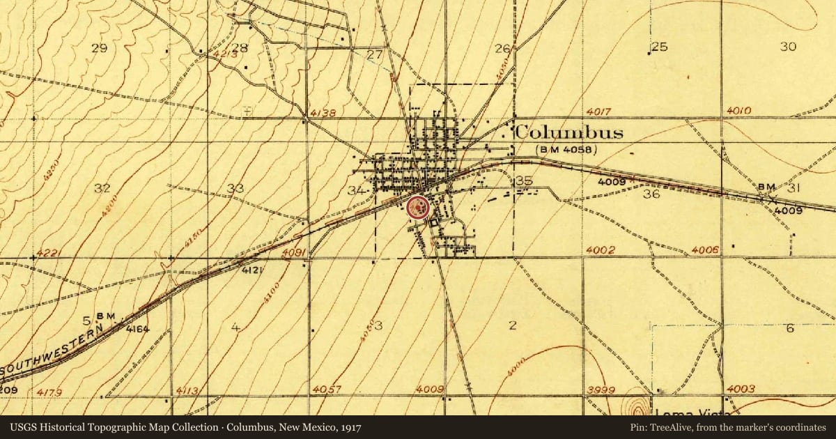 Columbus, New Mexico, 1917, covering the location of Pancho Villa’s Raid and Pancho Villa State Park, with a pin at the marker's coordinates