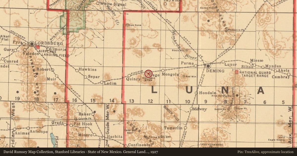 State of New Mexico. General Land Office, 1927, covering the location of Basin and Range County, with a pin at the marker's coordinates