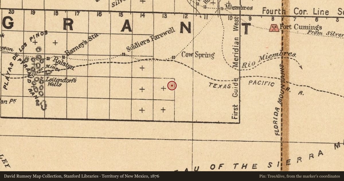 Territory of New Mexico, 1876, covering the location of Cooke’s Wagon Road, with a pin at the marker's coordinates