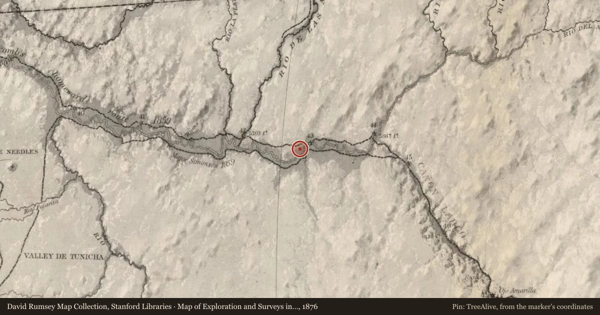 Map of Exploration and Surveys in New Mexico and Utah, 1876, covering the location of Salmon Ruins, with a pin at the marker's coordinates