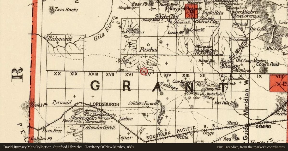 Territory Of New Mexico, 1882, covering the location of McComas Incident, with a pin at the marker's coordinates