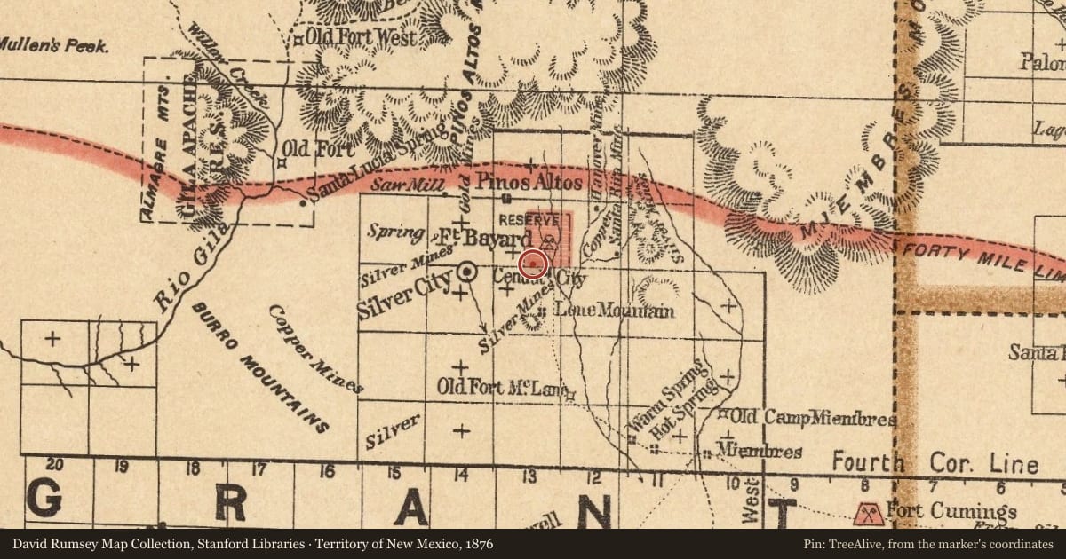 Territory of New Mexico, 1876, covering the location of Fort Bayard, 1866–1900 and Fort Bayard National Cemetery, with a pin at the marker's coordinates
