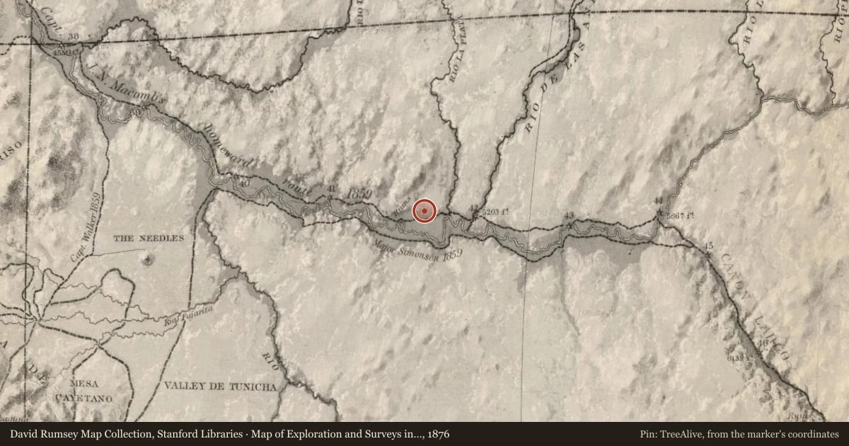 Map of Exploration and Surveys in New Mexico and Utah, 1876, covering the location of Farmington, with a pin at the marker's coordinates