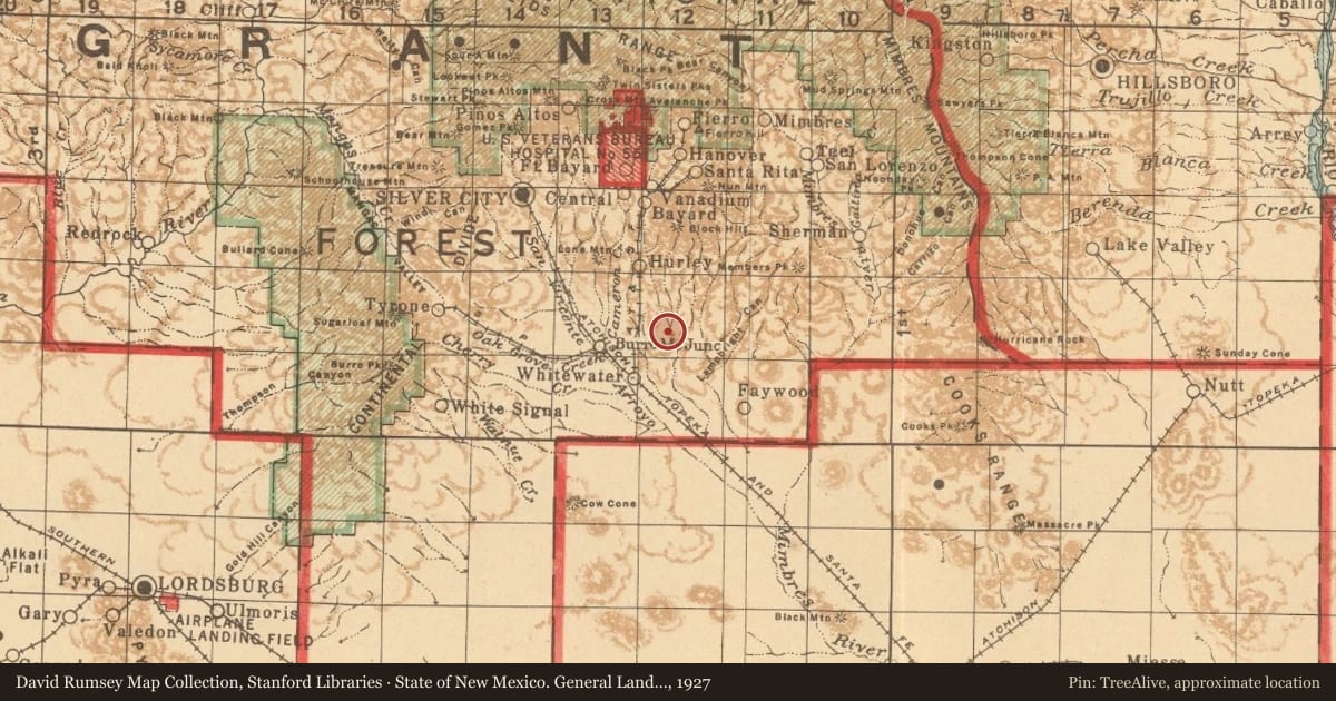 State of New Mexico. General Land Office, 1927, covering the location of The Death of Mangas Coloradas
January 18, 1863, with a pin at the marker's coordinates
