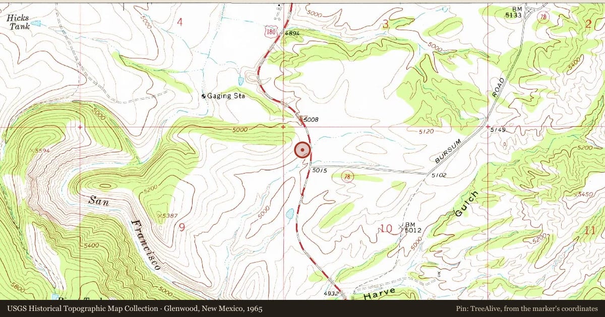 Glenwood, New Mexico, 1965, covering the location of Mogollón, with a pin at the marker's coordinates