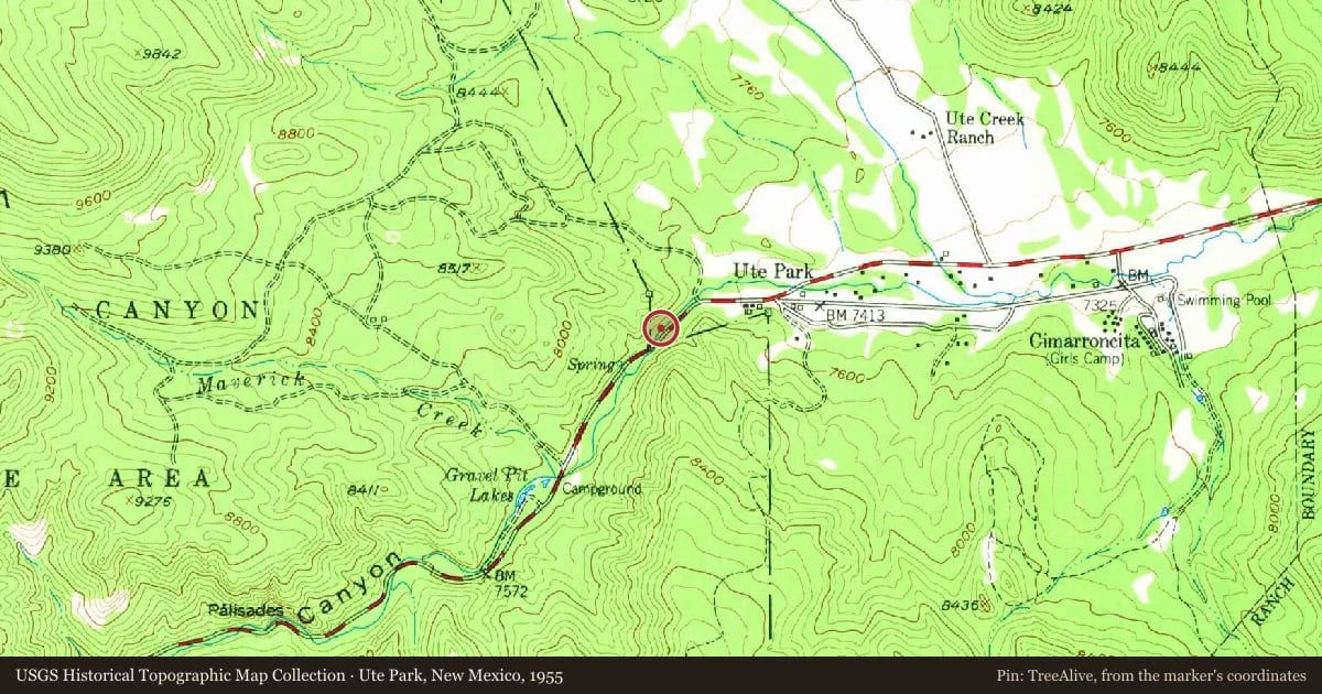Ute Park, New Mexico, 1955, covering the location of Cimarron Canyon State Park, with a pin at the marker's coordinates