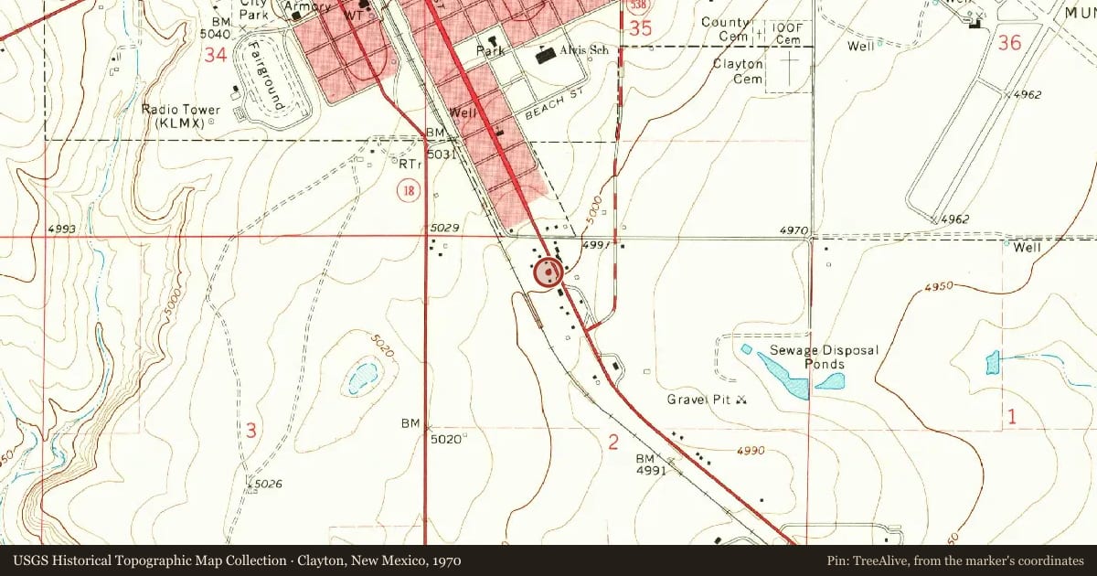 Clayton, New Mexico, 1970, covering the location of Clayton and Santa Fe Trail-- Cimarron Cutoff, with a pin at the marker's coordinates