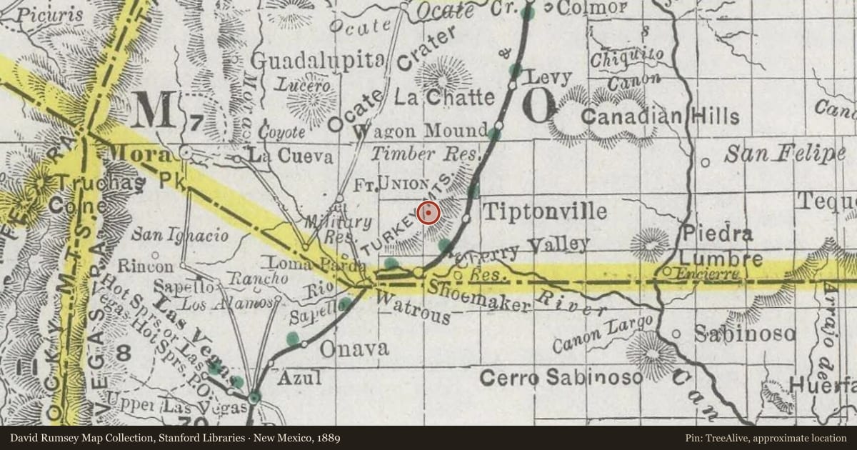 New Mexico, 1889, covering the location of Fort Union National Monument, 1851–1891 (2), with a pin at the marker's coordinates