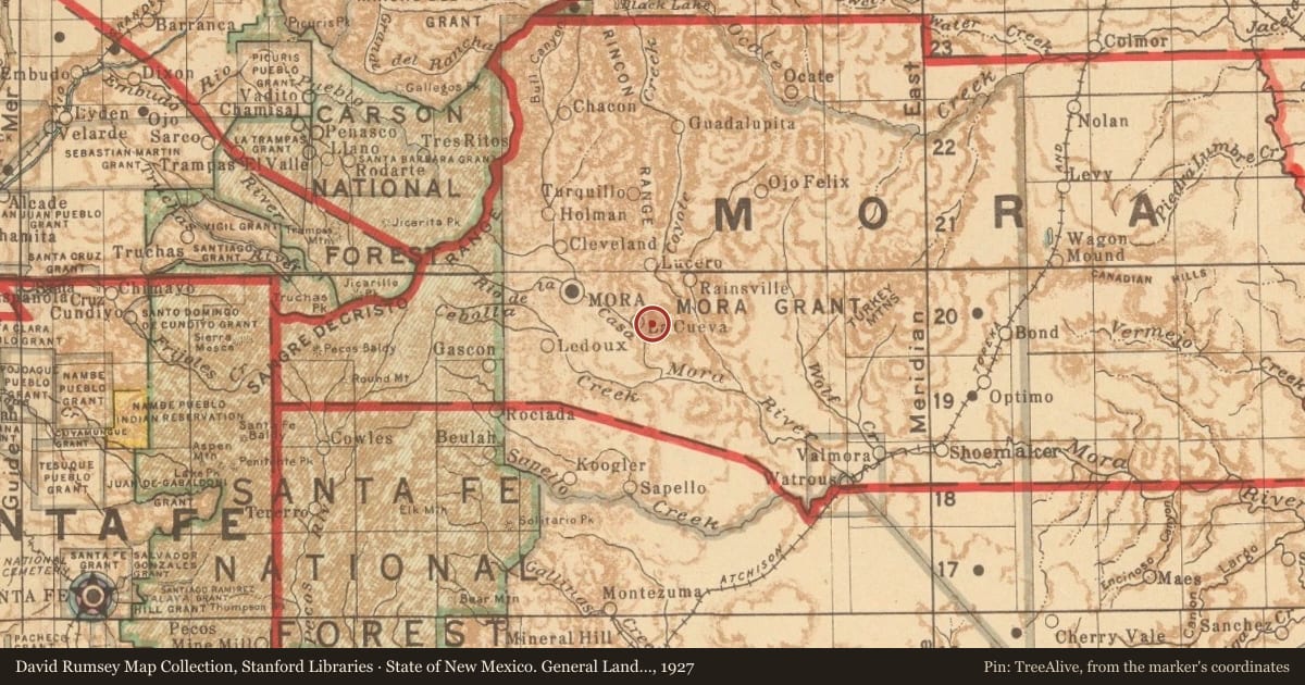 State of New Mexico. General Land Office, 1927, covering the location of La Cueva National Historic District, with a pin at the marker's coordinates