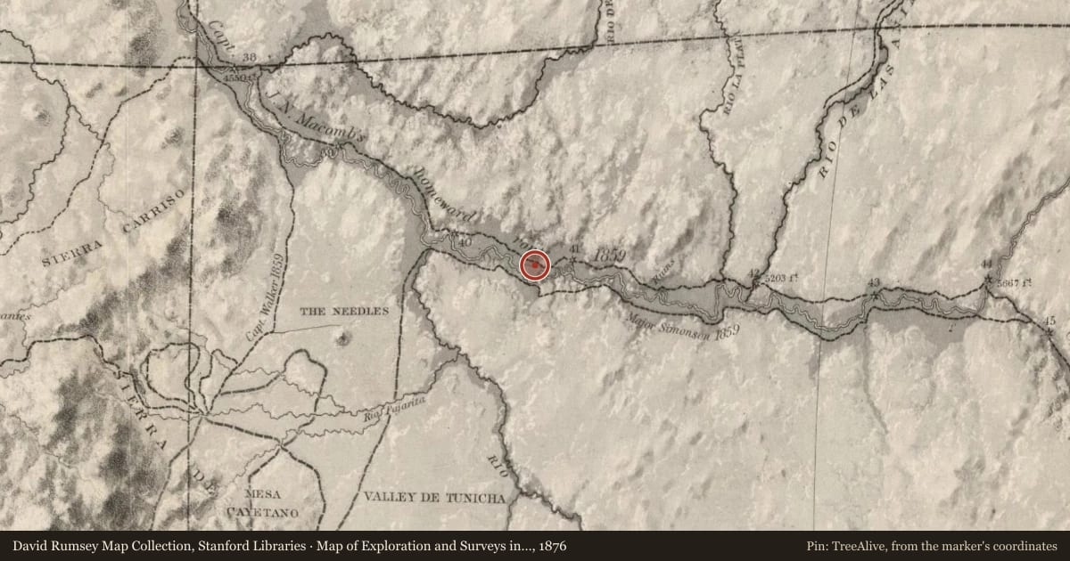 Map of Exploration and Surveys in New Mexico and Utah, 1876, covering the location of Hogback, with a pin at the marker's coordinates
